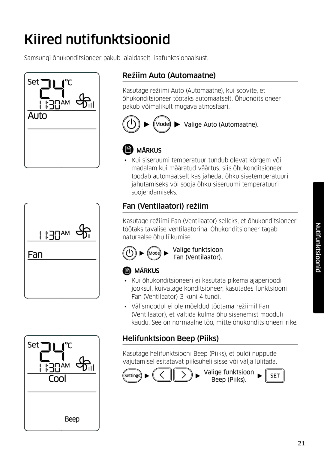 Samsung AR09MSFSPWKNEE Kiired nutifunktsioonid, Režiim Auto Automaatne, Fan Ventilaatori režiim, Helifunktsioon Beep Piiks 