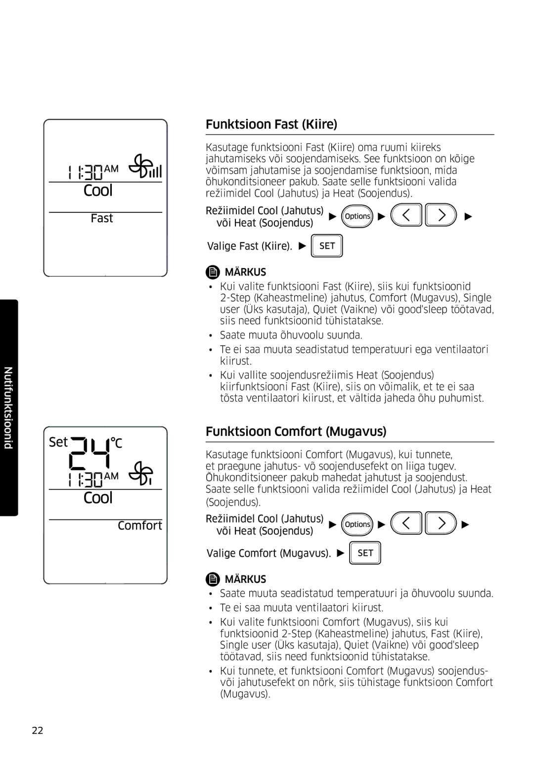 Samsung AR12MSFSPWKNEE, AR09MSFSPWKNEE manual Funktsioon Fast Kiire, Funktsioon Comfort Mugavus 