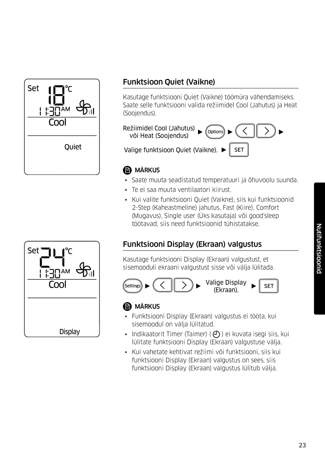 Samsung AR09MSFSPWKNEE, AR12MSFSPWKNEE manual Funktsioon Quiet Vaikne, Funktsiooni Display Ekraan valgustus 