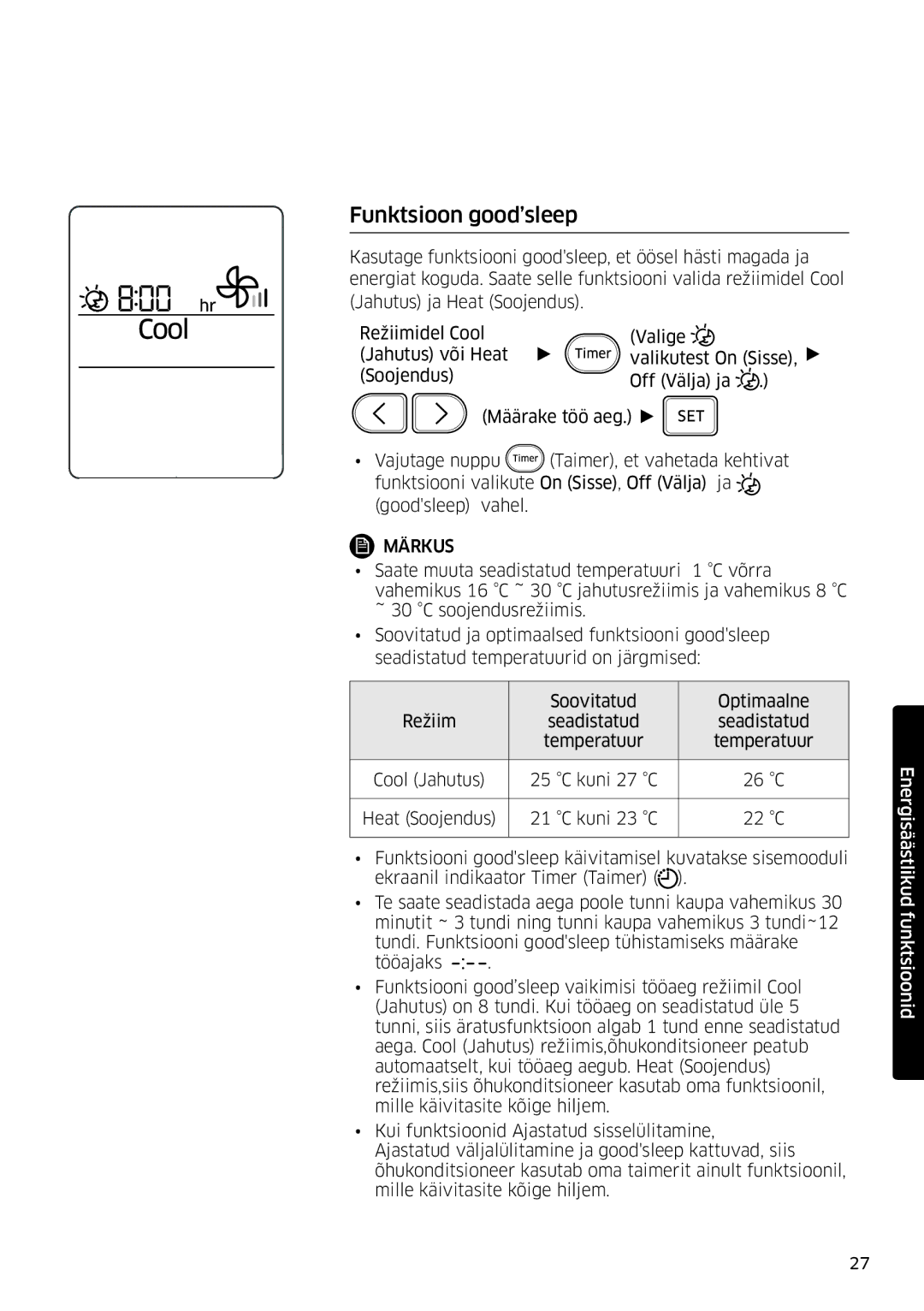 Samsung AR09MSFSPWKNEE, AR12MSFSPWKNEE manual Funktsioon good’sleep 