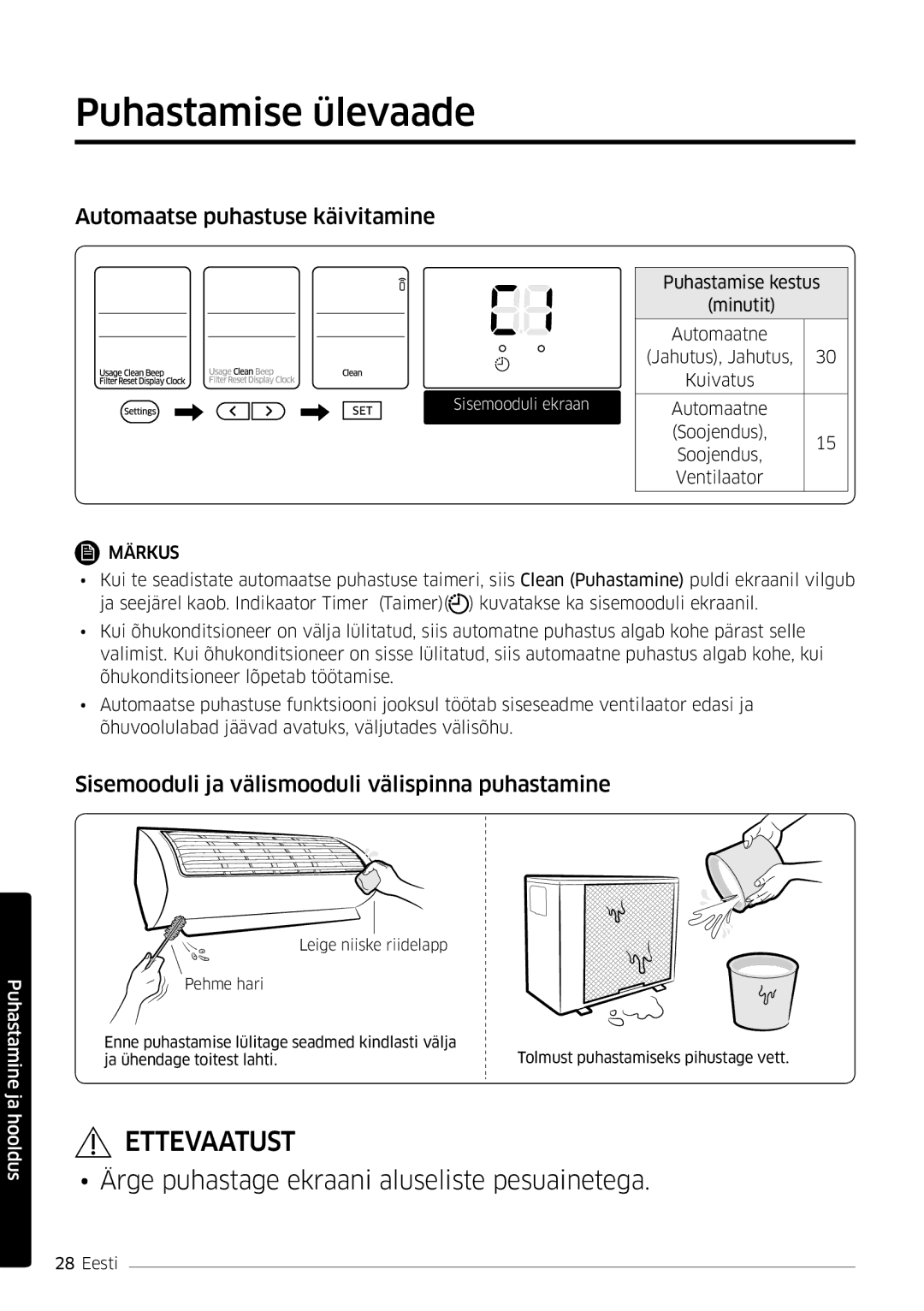 Samsung AR12MSFSPWKNEE, AR09MSFSPWKNEE manual Puhastamise ülevaade, Automaatse puhastuse käivitamine 