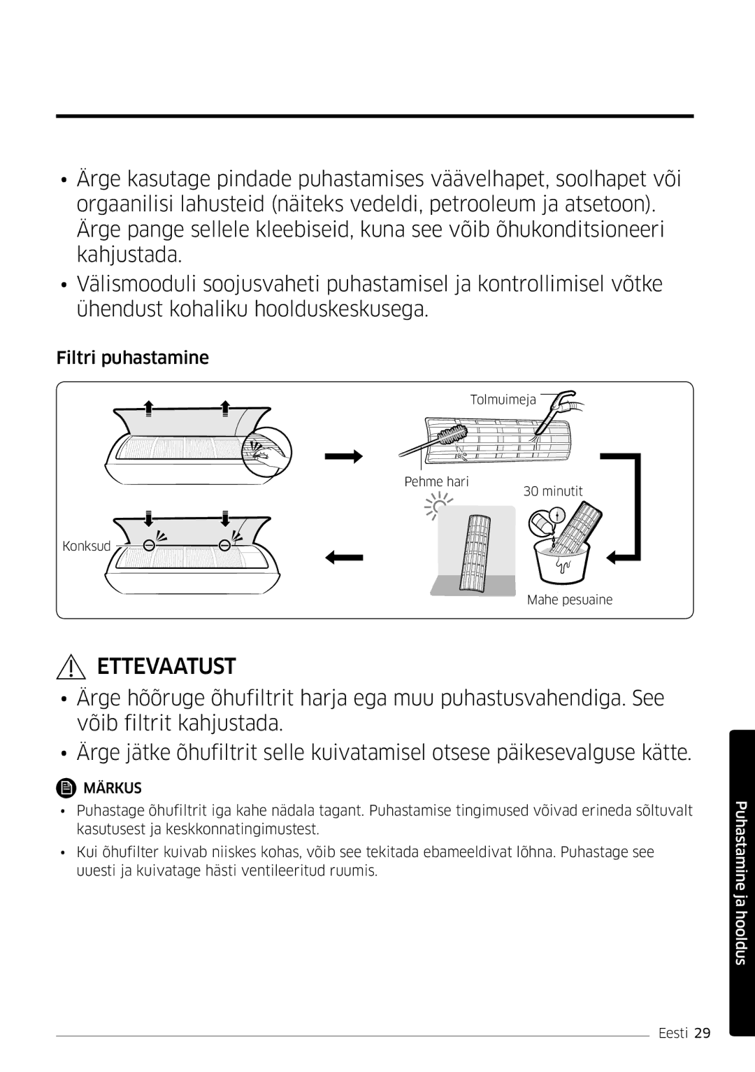 Samsung AR09MSFSPWKNEE, AR12MSFSPWKNEE manual Filtri puhastamine 