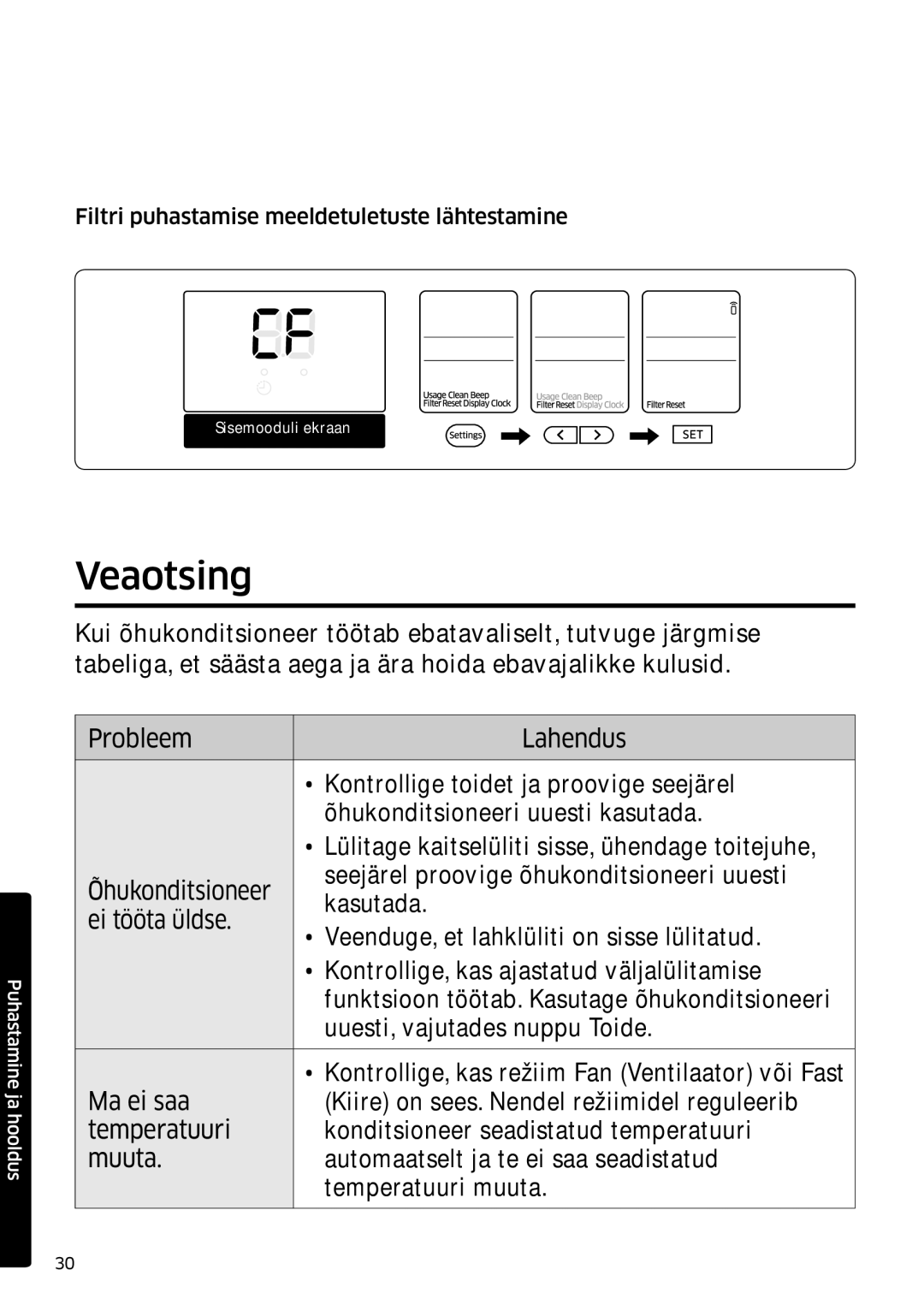 Samsung AR12MSFSPWKNEE, AR09MSFSPWKNEE manual Veaotsing, Filtri puhastamise meeldetuletuste lähtestamine 