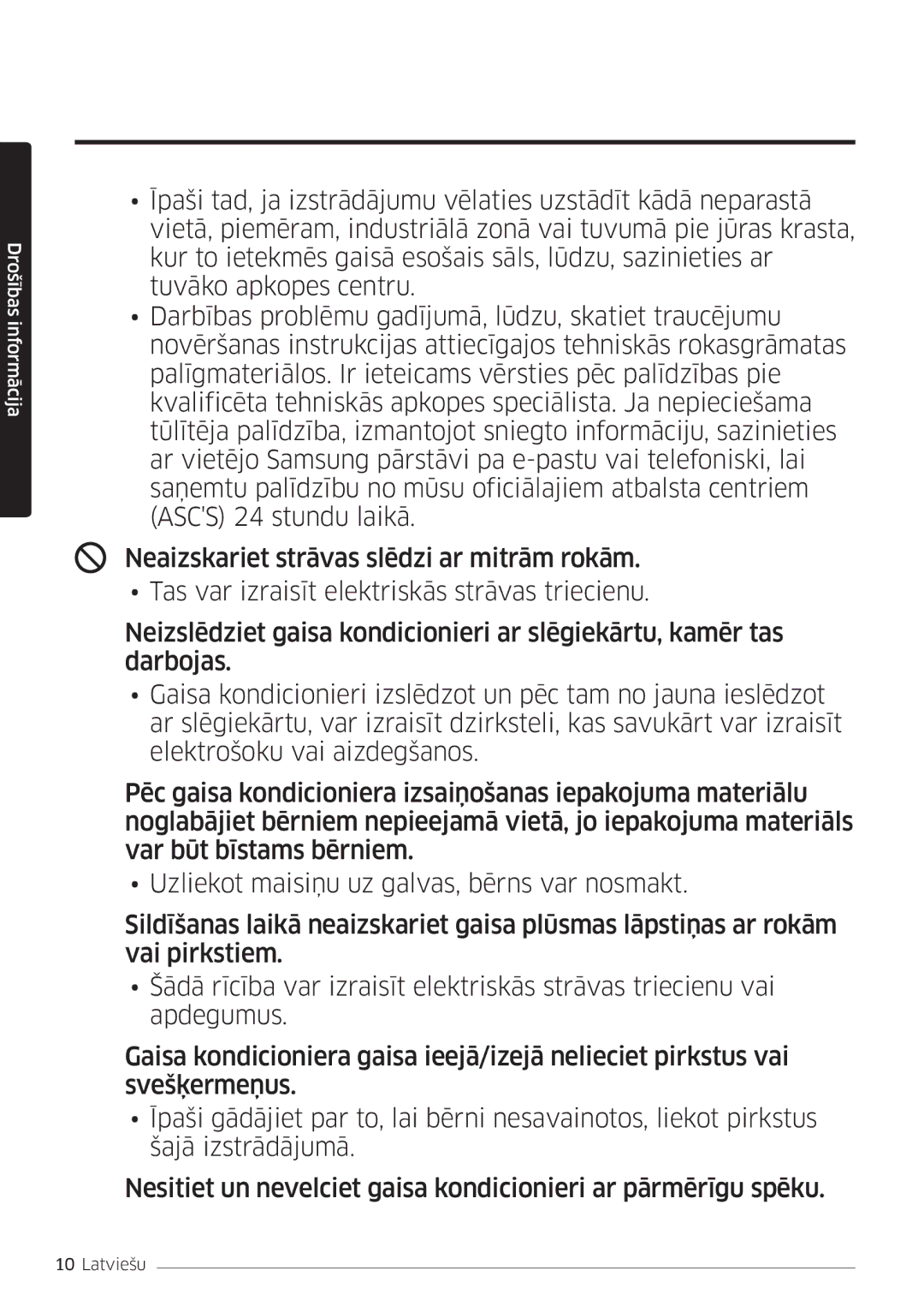 Samsung AR12MSFSPWKNEE, AR09MSFSPWKNEE manual Drošības informācija 