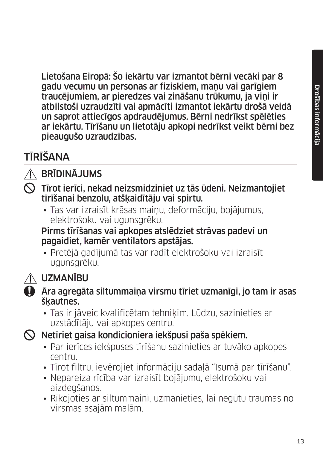 Samsung AR09MSFSPWKNEE, AR12MSFSPWKNEE manual Tīrīšana 