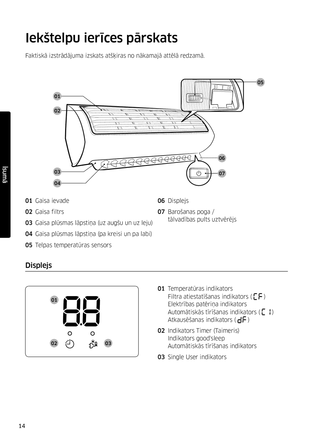 Samsung AR12MSFSPWKNEE, AR09MSFSPWKNEE manual Iekštelpu ierīces pārskats, Displejs 