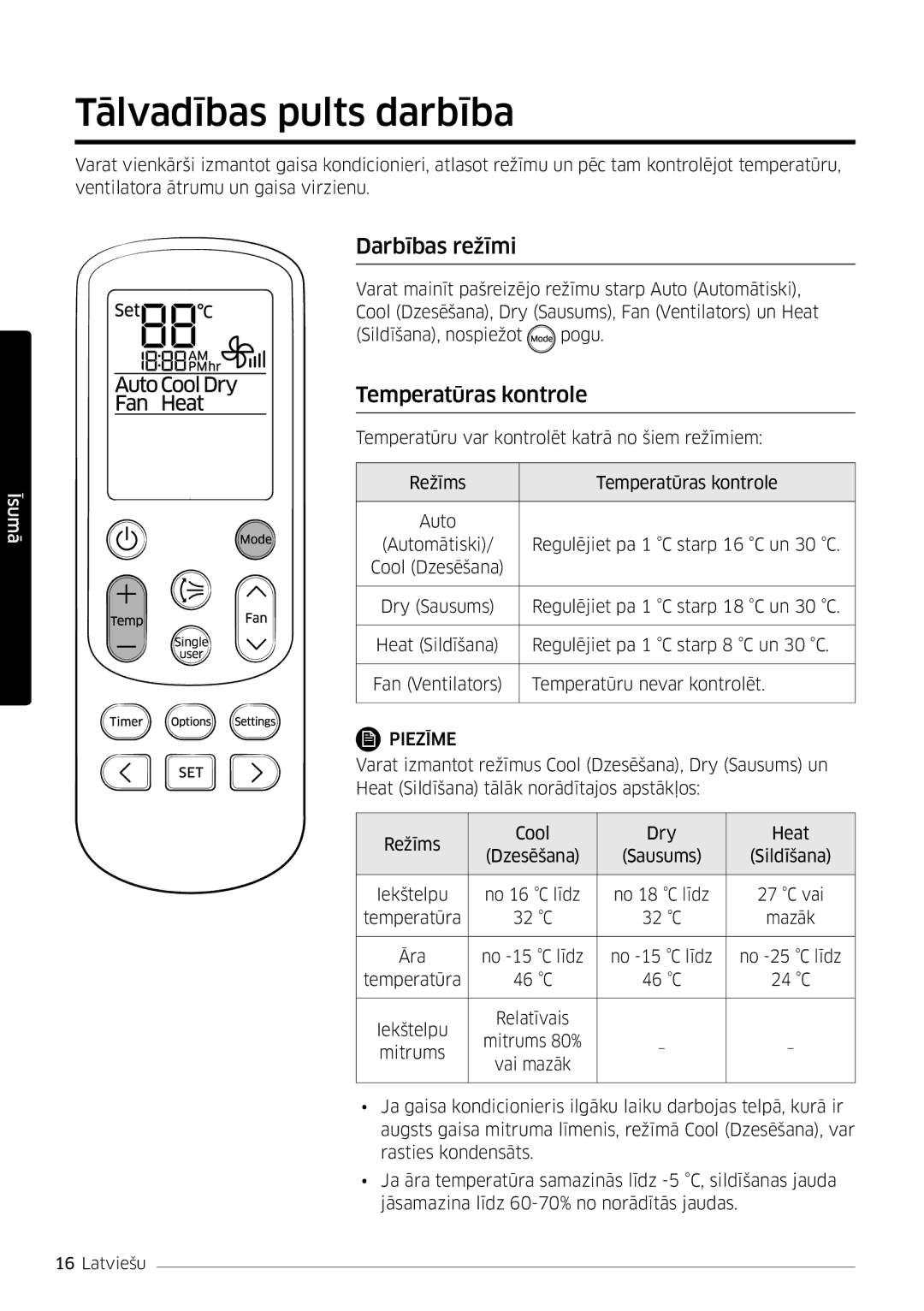 Samsung AR12MSFSPWKNEE, AR09MSFSPWKNEE manual Tālvadības pults darbība, Darbības režīmi, Temperatūras kontrole 