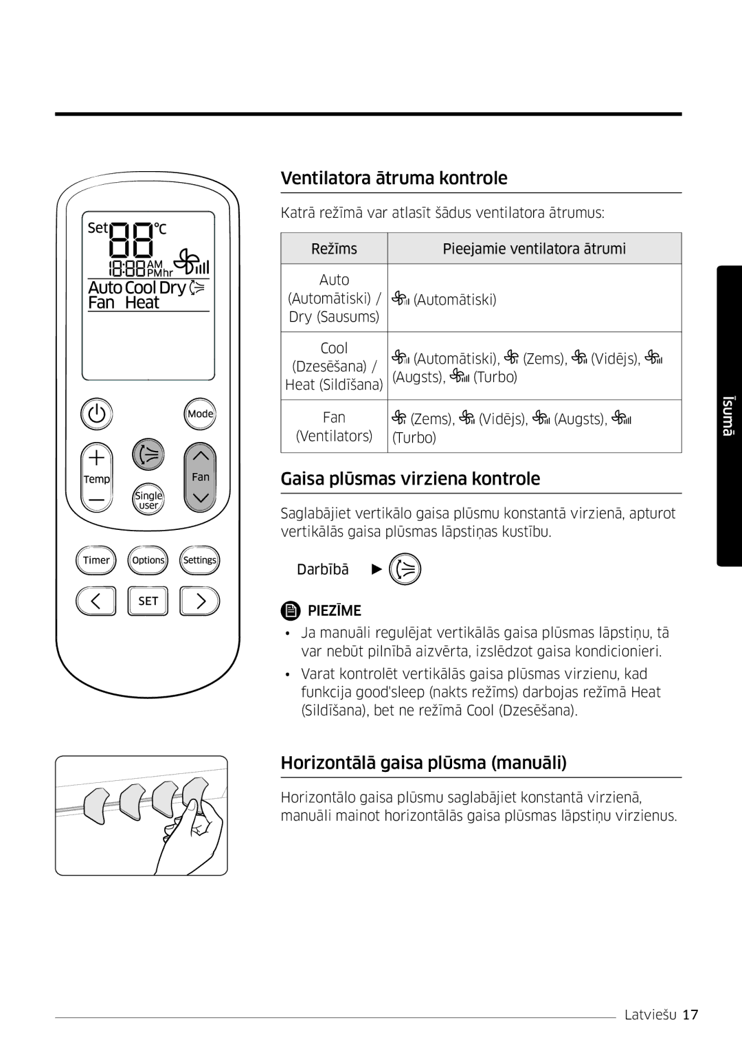 Samsung AR09MSFSPWKNEE Ventilatora ātruma kontrole, Gaisa plūsmas virziena kontrole, Horizontālā gaisa plūsma manuāli 