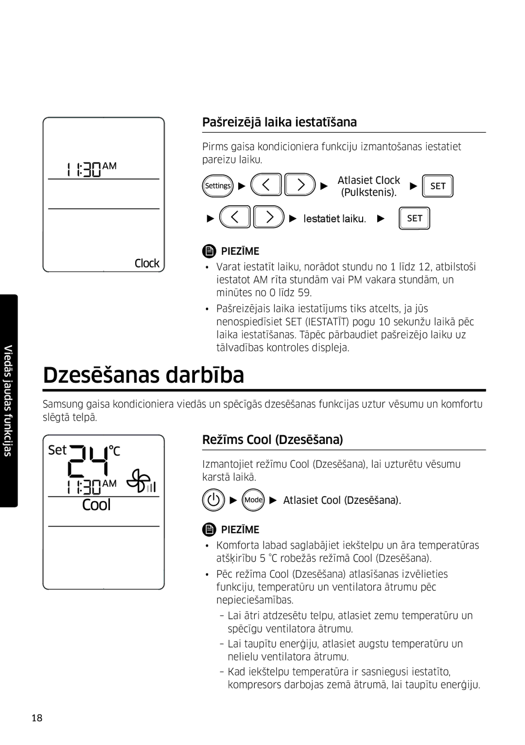 Samsung AR12MSFSPWKNEE, AR09MSFSPWKNEE manual Dzesēšanas darbība, Pašreizējā laika iestatīšana, Režīms Cool Dzesēšana 