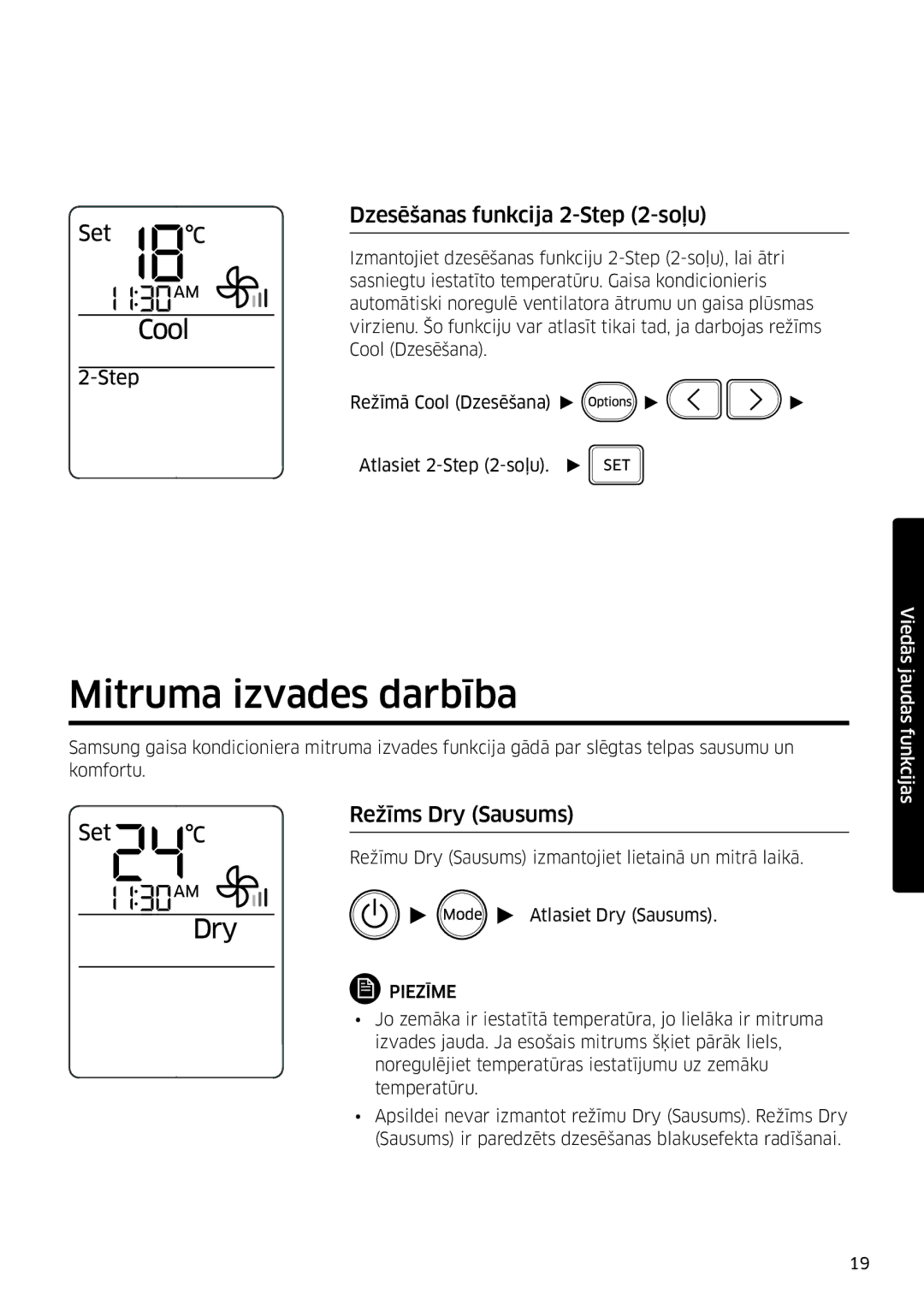 Samsung AR09MSFSPWKNEE, AR12MSFSPWKNEE manual Mitruma izvades darbība, Dzesēšanas funkcija 2- -soļu, Režīms Dry Sausums 