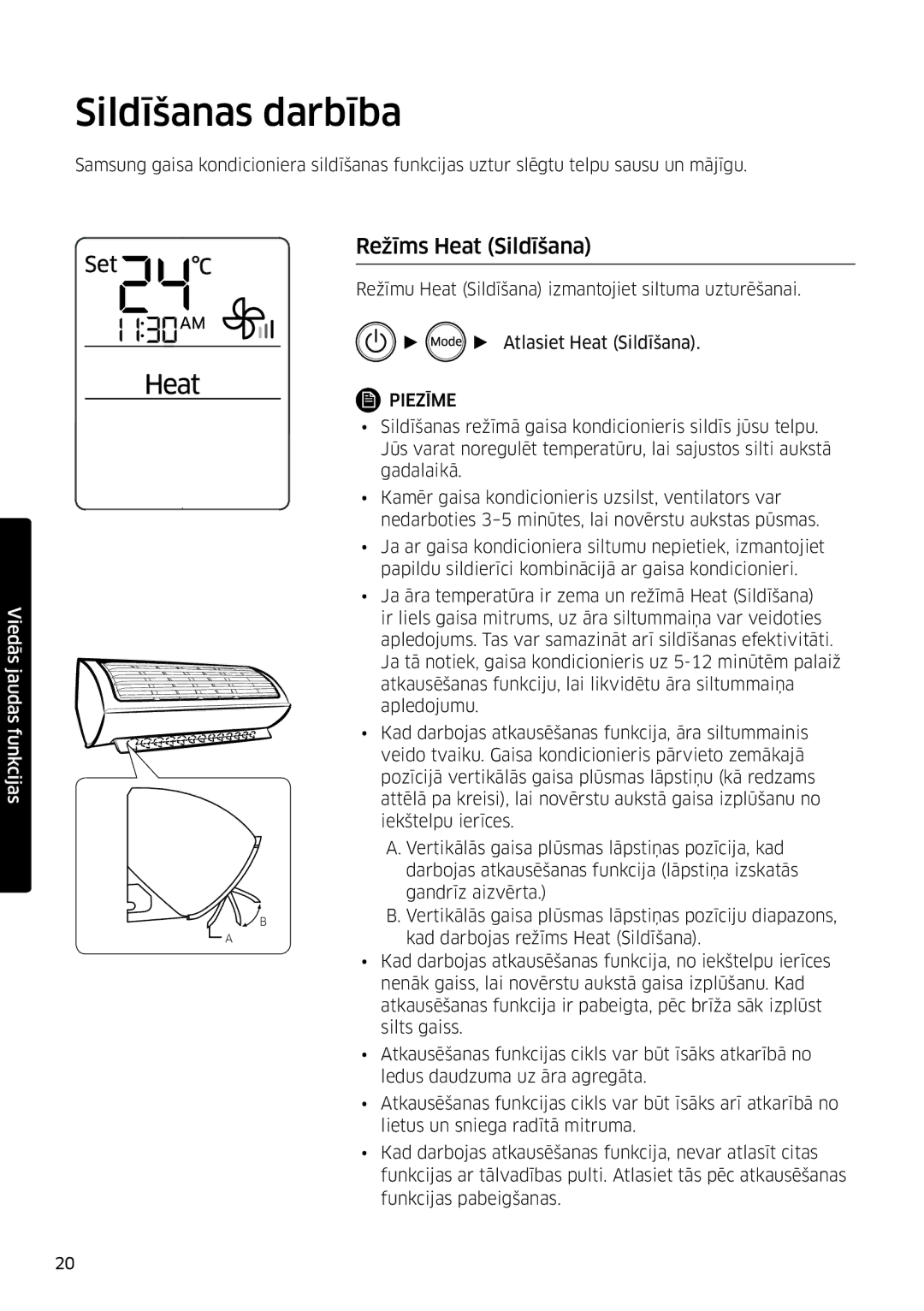 Samsung AR12MSFSPWKNEE, AR09MSFSPWKNEE manual Sildīšanas darbība, Režīms Heat Sildīšana 