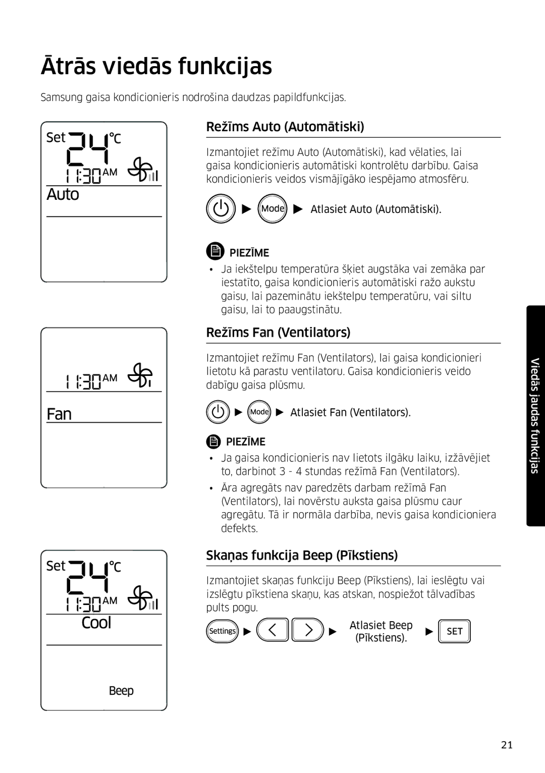 Samsung AR09MSFSPWKNEE, AR12MSFSPWKNEE manual Ātrās viedās funkcijas, Režīms Auto Automātiski, Režīms Fan Ventilators 