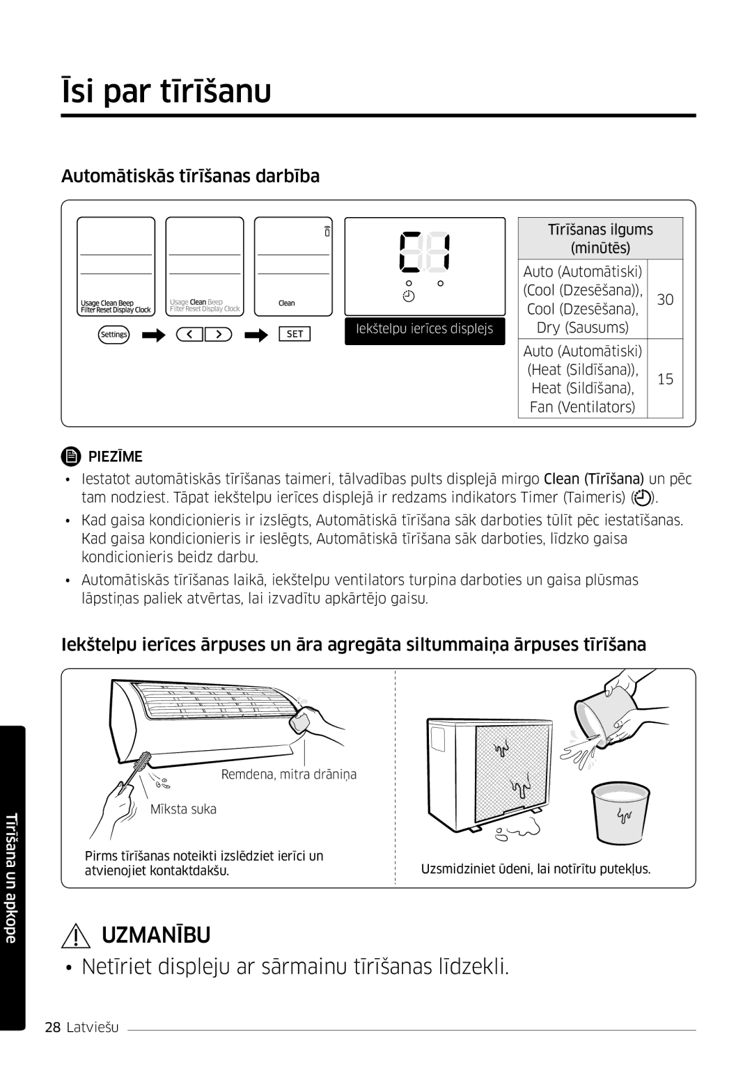 Samsung AR12MSFSPWKNEE, AR09MSFSPWKNEE manual Īsi par tīrīšanu, Automātiskās tīrīšanas darbība 