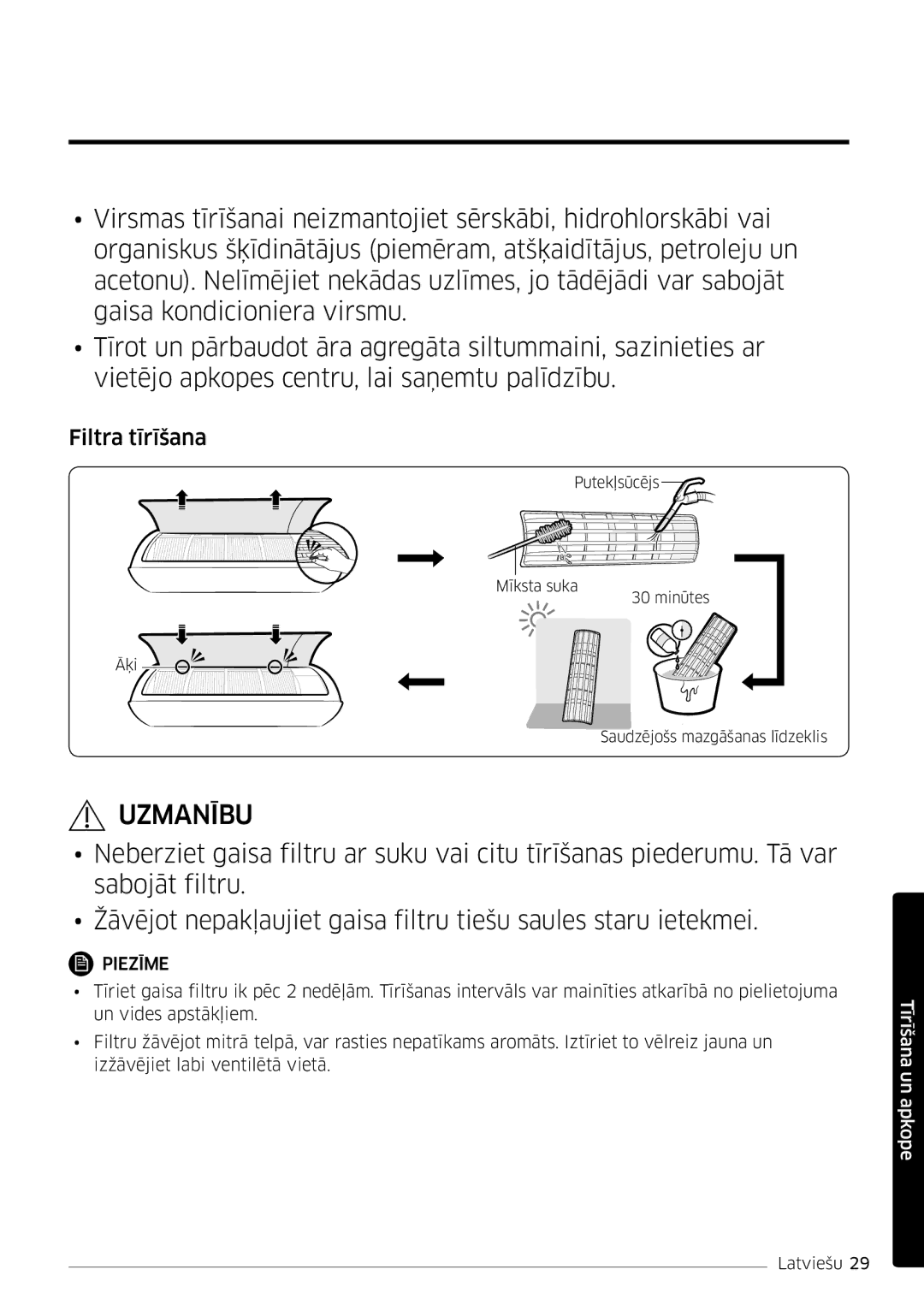 Samsung AR09MSFSPWKNEE, AR12MSFSPWKNEE manual Filtra tīrīšana 