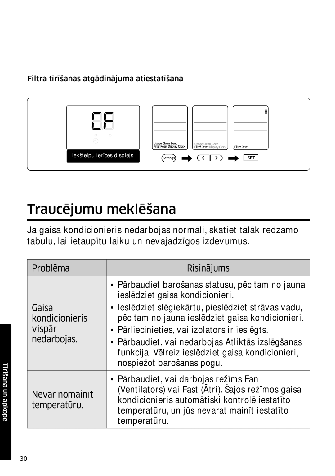 Samsung AR12MSFSPWKNEE, AR09MSFSPWKNEE manual Traucējumu meklēšana, Filtra tīrīšanas atgādinājuma atiestatīšana 