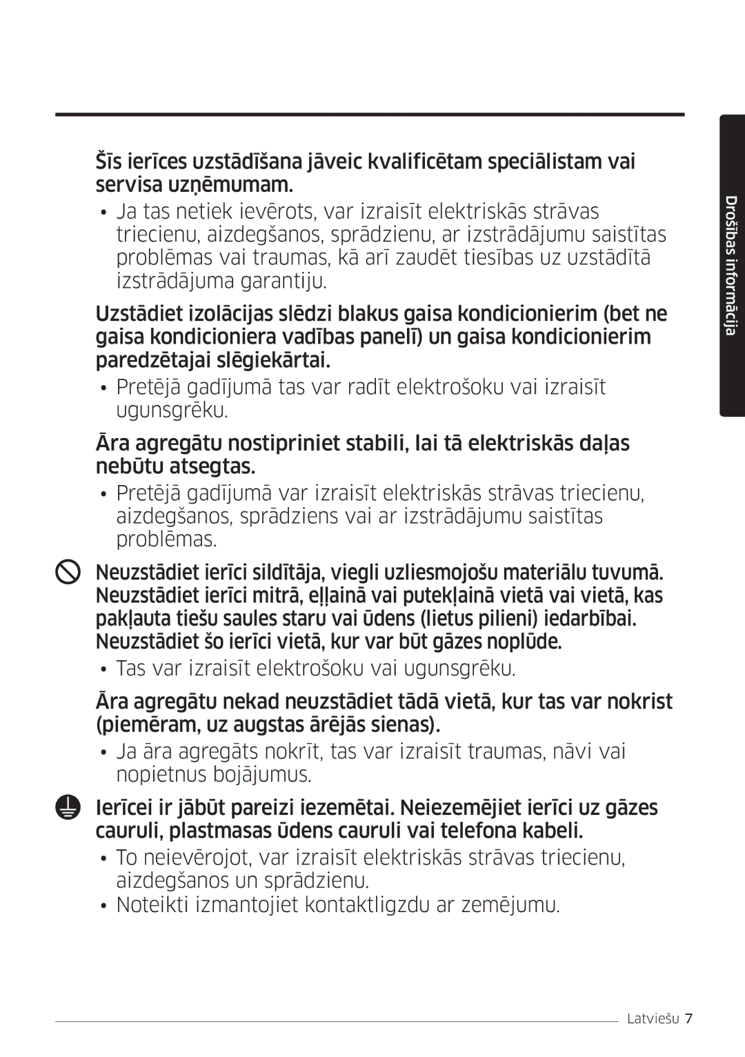 Samsung AR09MSFSPWKNEE, AR12MSFSPWKNEE manual Drošības informācija 