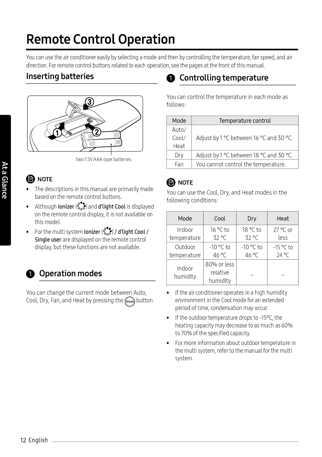 Samsung AR09NXFHBWKNEU manual Remote Control Operation, Inserting batteries, Operation modes, Controlling temperature 