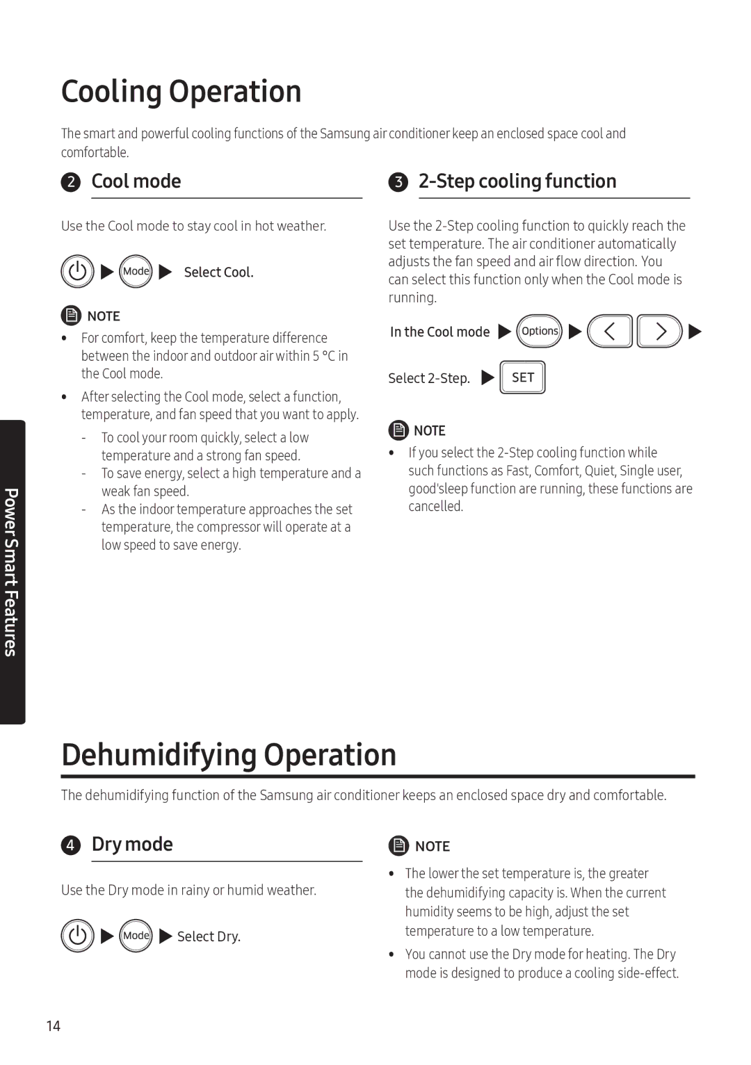 Samsung AR07NXFHBWKNEU manual Cooling Operation, Dehumidifying Operation, Cool mode, Step cooling function, Dry mode 