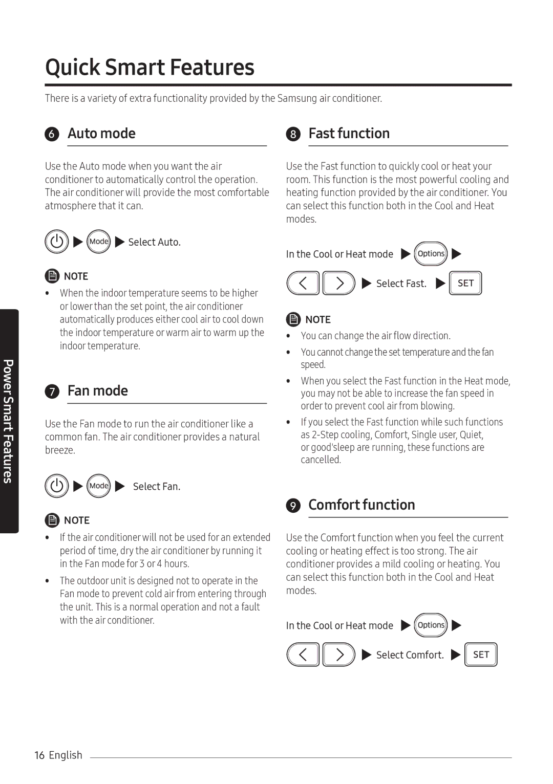 Samsung AR12NXFHBWKNEU, AR09NXFHBWKNEU manual Quick Smart Features, Auto mode, Fan mode, Fast function, Comfort function 