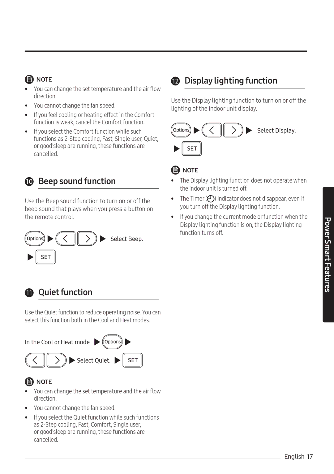 Samsung AR07NXFHBWKNEU, AR09NXFHBWKNEU, AR12NXFHBWKNEU manual Beep sound function, Quiet function, Display lighting function 