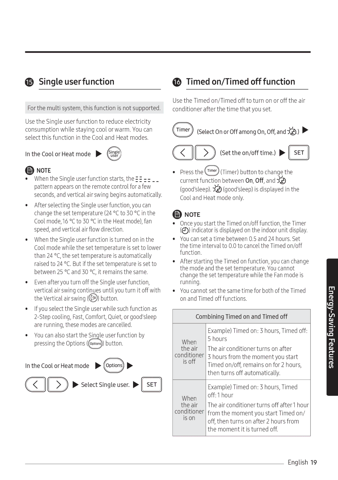 Samsung AR12NXFHBWKNEU manual Set the on/off time, Air conditioner turns on after, Hours from the moment you start 