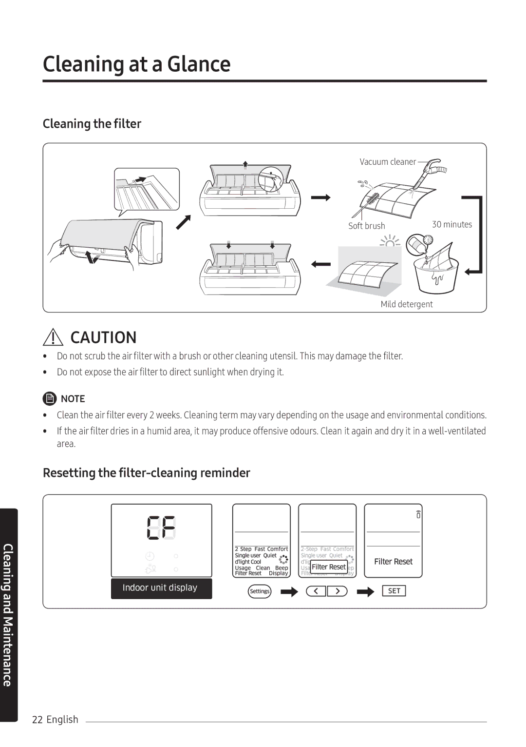 Samsung AR12NXFHBWKNEU, AR09NXFHBWKNEU, AR07NXFHBWKNEU manual Resetting the filter-cleaning reminder 