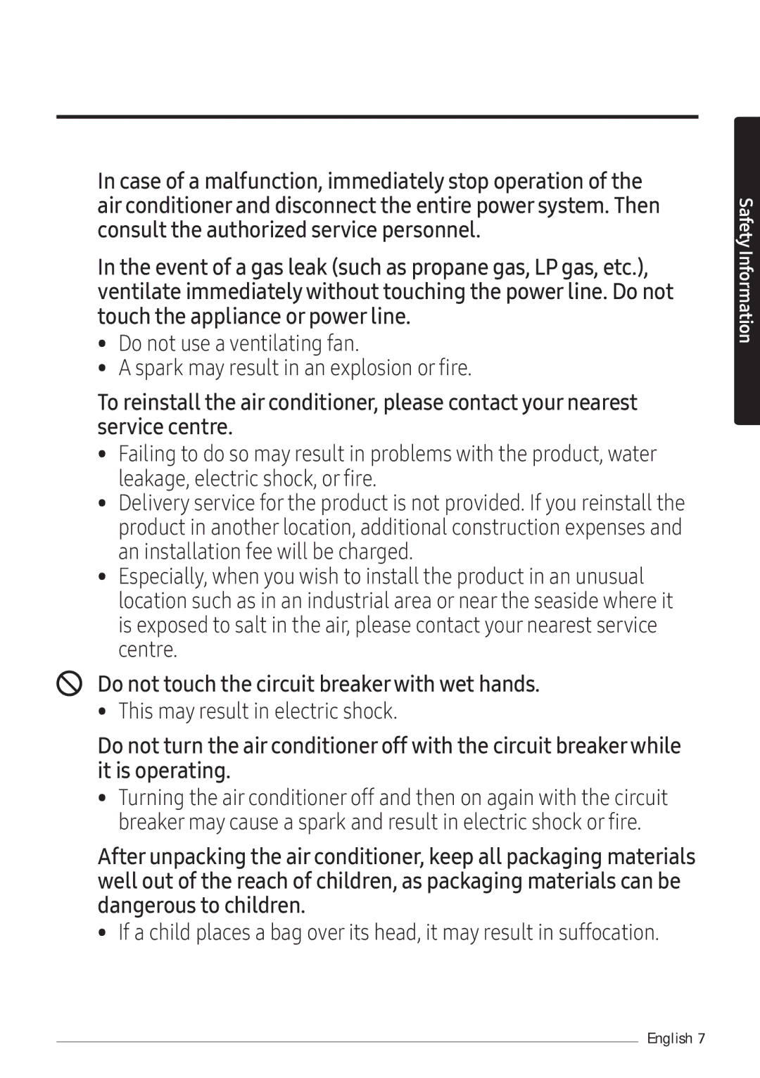 Samsung AR12NXFHBWKNEU, AR09NXFHBWKNEU, AR07NXFHBWKNEU manual Do not touch the circuit breakerwith wet hands 