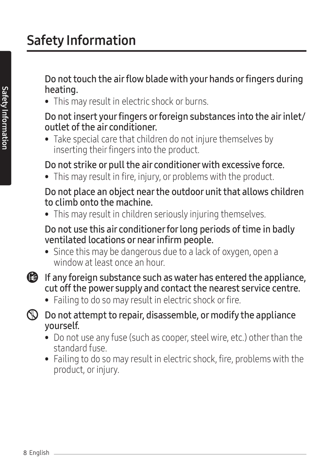 Samsung AR07NXFHBWKNEU, AR09NXFHBWKNEU, AR12NXFHBWKNEU manual This may result in electric shock or burns 