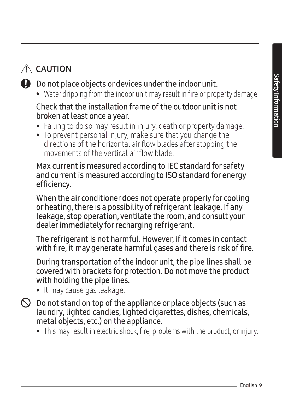 Samsung AR09NXFHBWKNEU, AR12NXFHBWKNEU, AR07NXFHBWKNEU manual Do not place objects or devices under the indoor unit 