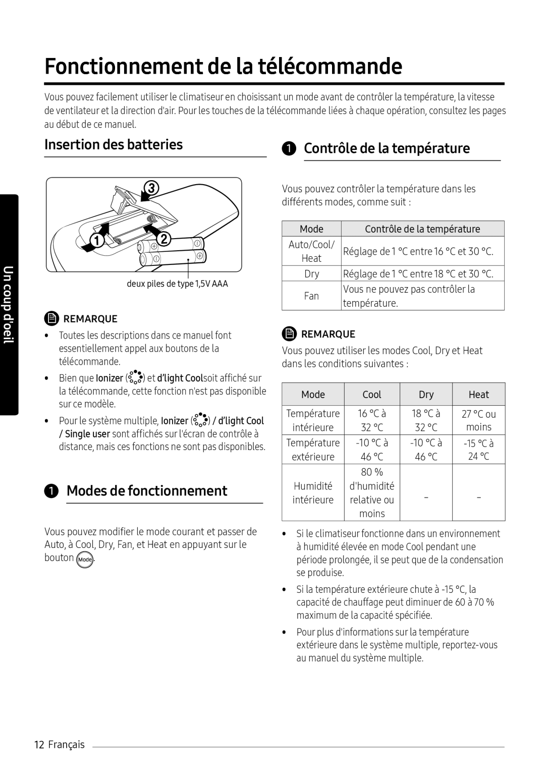 Samsung AR09NXFHBWKNEU manual Fonctionnement de la télécommande, Insertion des batteries Contrôle de la température 