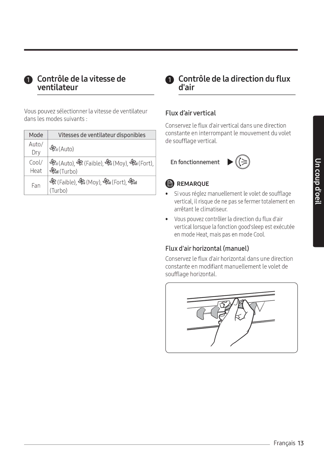 Samsung AR12NXFHBWKNEU, AR09NXFHBWKNEU manual Contrôle de la vitesse de ventilateur, Contrôle de la direction du flux dair 