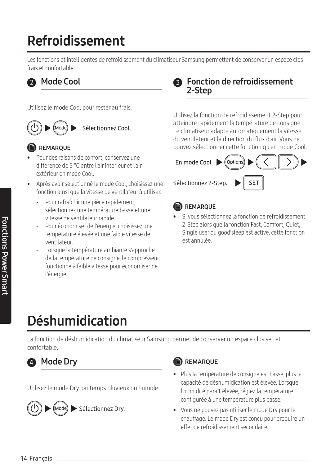 Samsung AR07NXFHBWKNEU manual Refroidissement, Déshumidication, Mode Cool, Fonction de refroidissement 2-Step, Mode Dry 