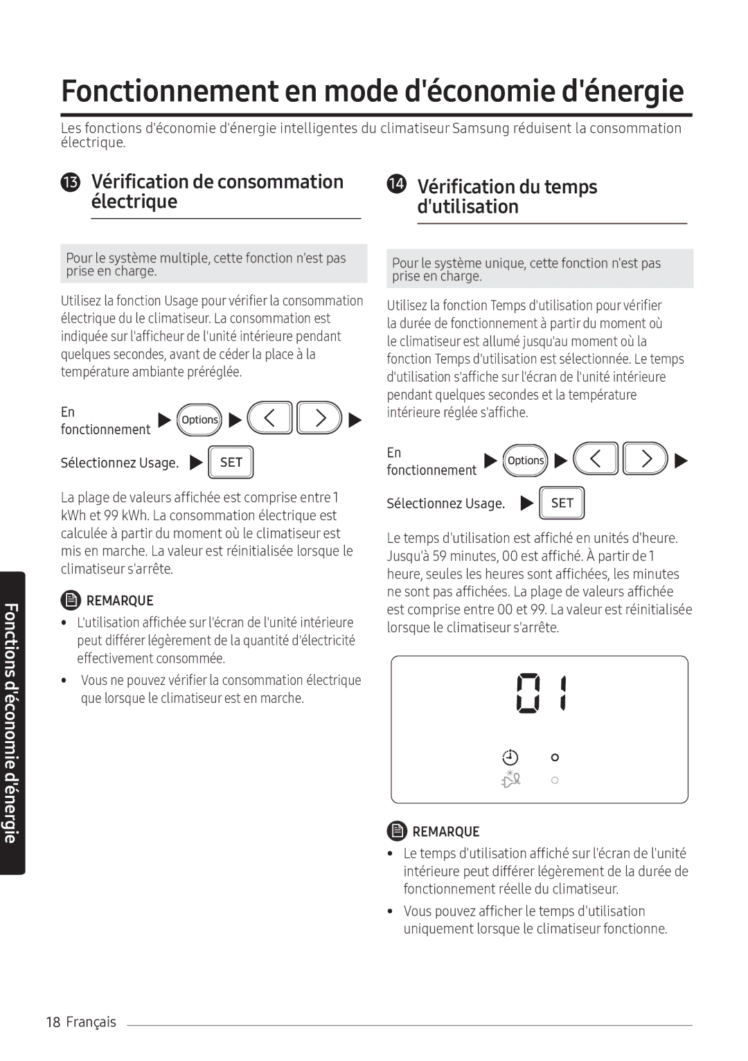 Samsung AR09NXFHBWKNEU, AR12NXFHBWKNEU manual Fonctionnement en mode déconomie dénergie, Fonctionnement Sélectionnez Usage 