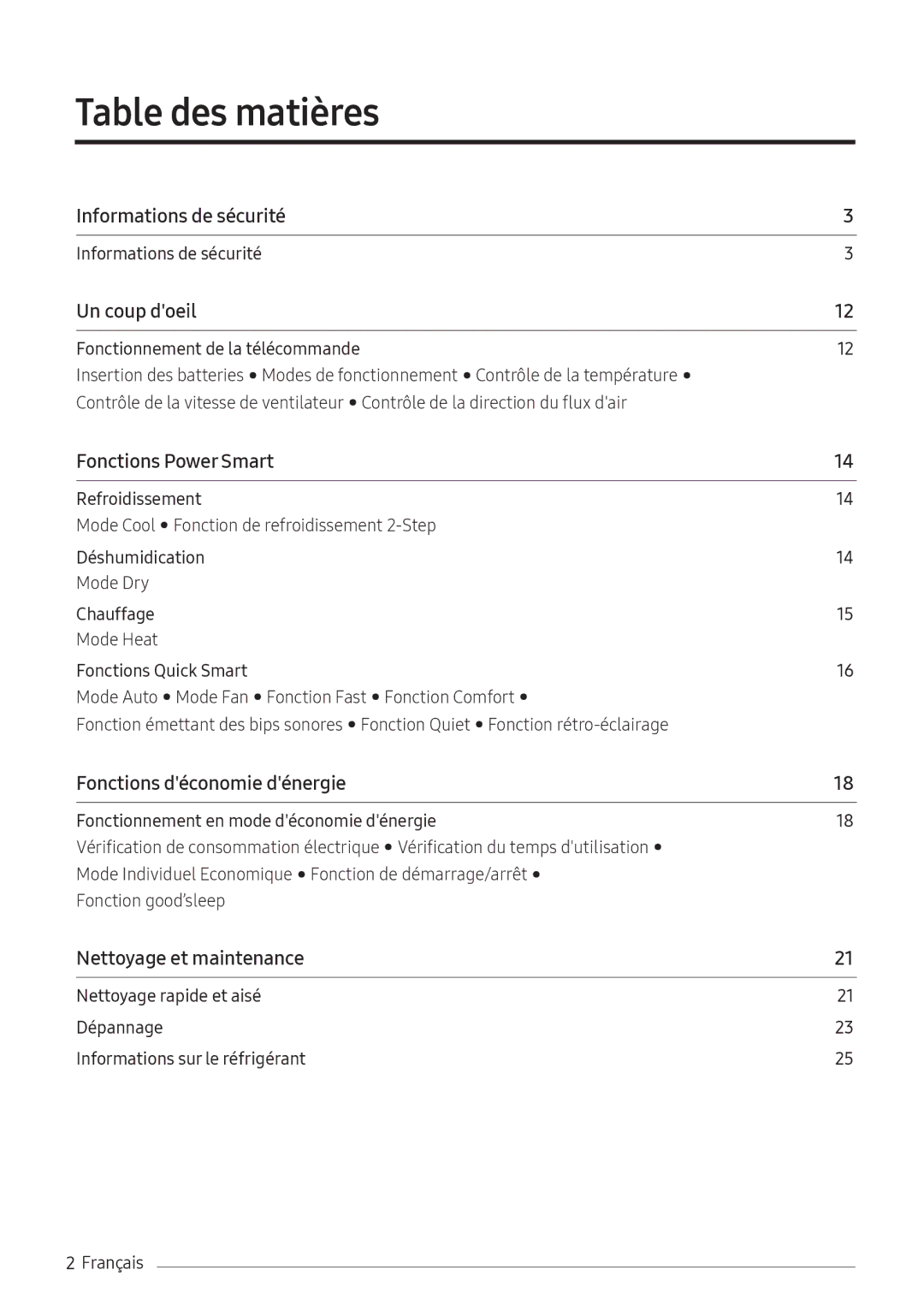 Samsung AR07NXFHBWKNEU, AR09NXFHBWKNEU, AR12NXFHBWKNEU manual Des matières, Informations de sécurité 