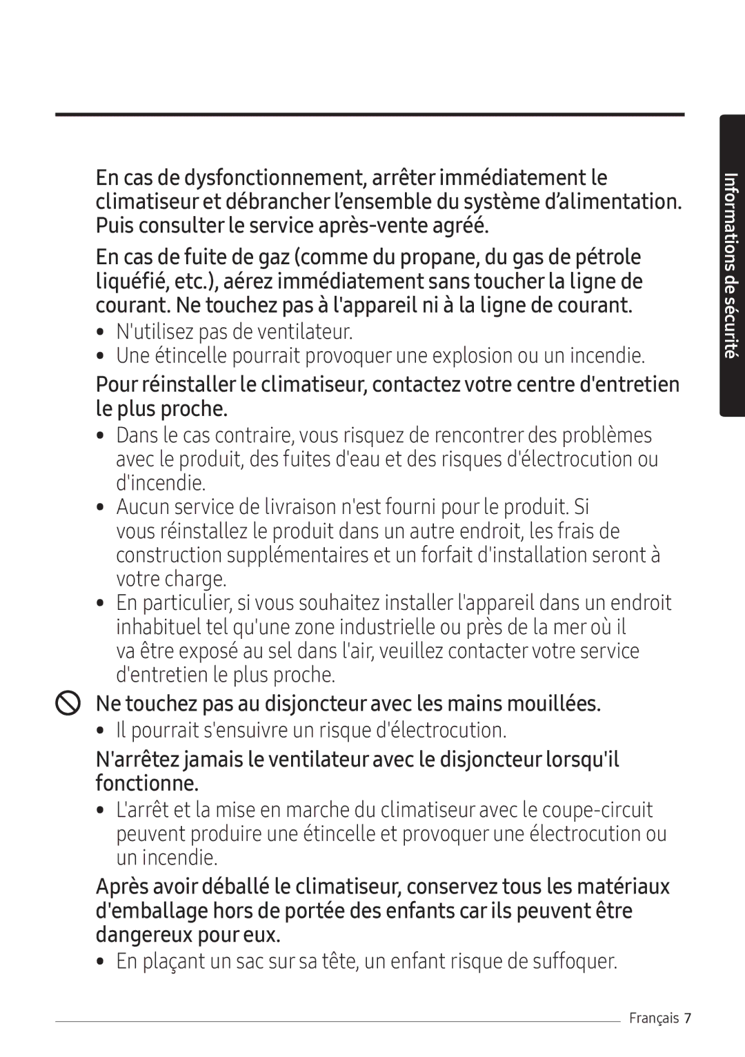 Samsung AR12NXFHBWKNEU, AR09NXFHBWKNEU, AR07NXFHBWKNEU manual Ne touchez pas au disjoncteur avec les mains mouillées 