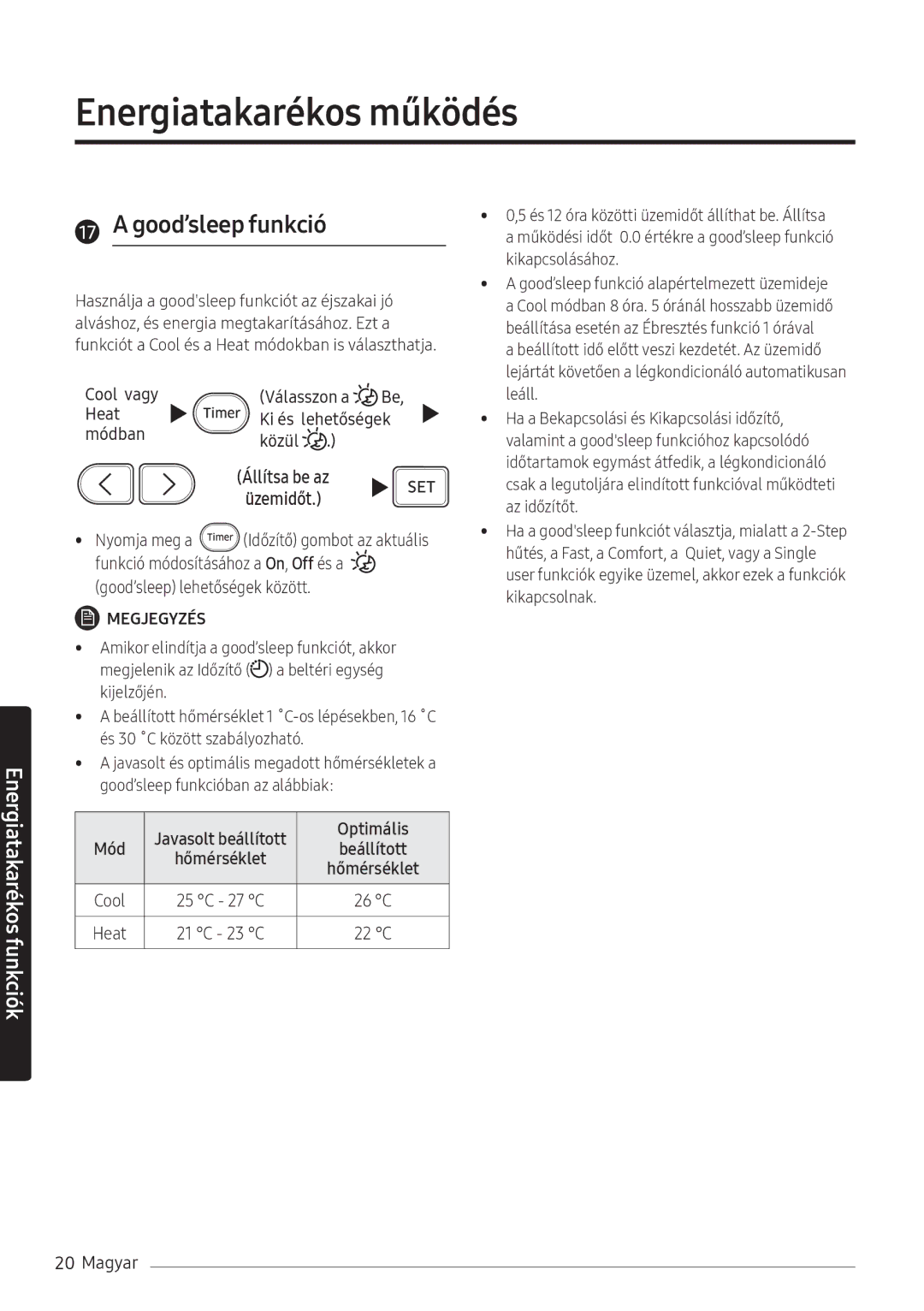 Samsung AR07NXFHBWKNEU, AR09NXFHBWKNEU manual Good’sleep funkció, Cool vagy Válasszon a Heat Ki és lehetőségek Módban Közül 