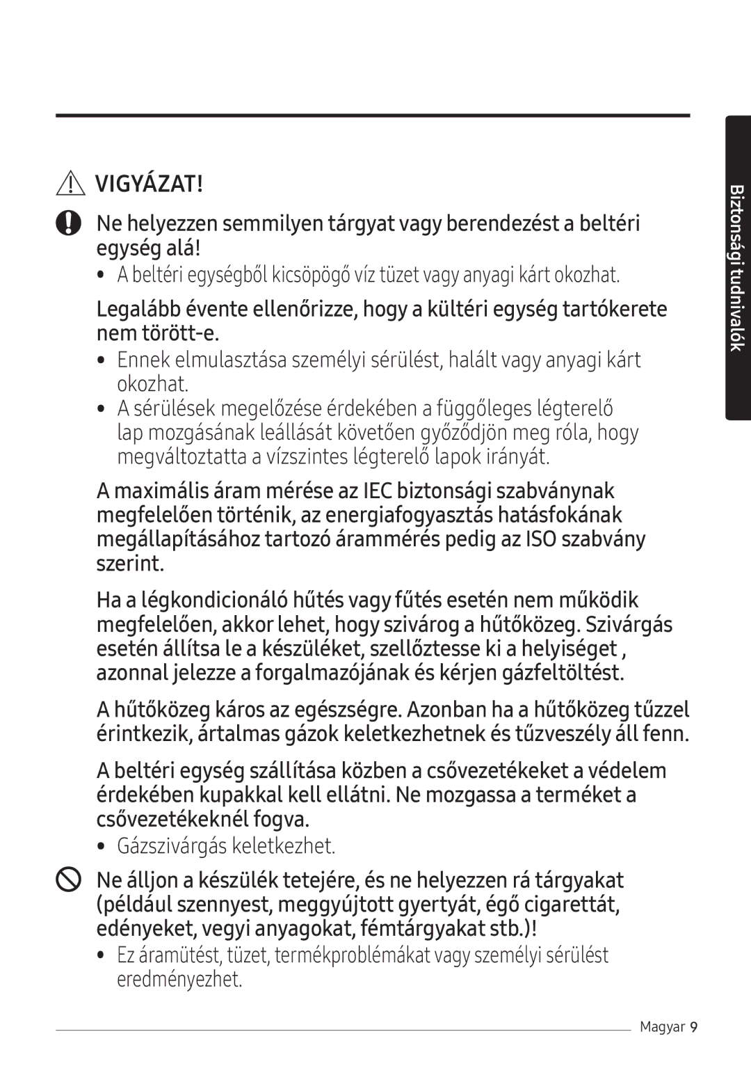 Samsung AR09NXFHBWKNEU, AR12NXFHBWKNEU, AR07NXFHBWKNEU manual Gázszivárgás keletkezhet 