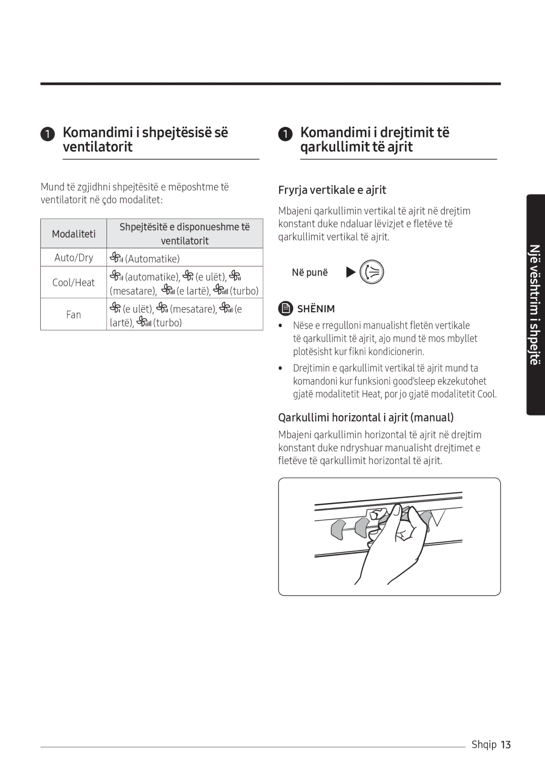 Samsung AR12NXFHBWKNEU manual Komandimi i shpejtësisë së ventilatorit, Komandimi i drejtimit të qarkullimit të ajrit 