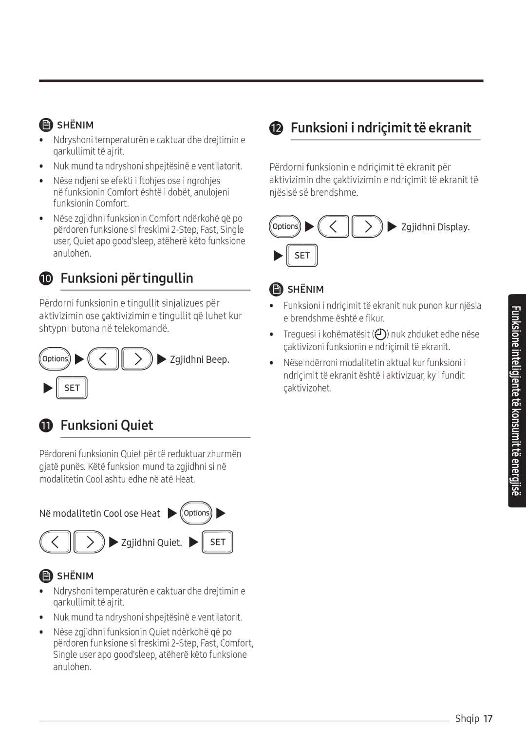 Samsung AR12NXFHBWKNEU, AR09NXFHBWKNEU manual Funksioni për tingullin, Funksioni Quiet, Funksioni i ndriçimit të ekranit 