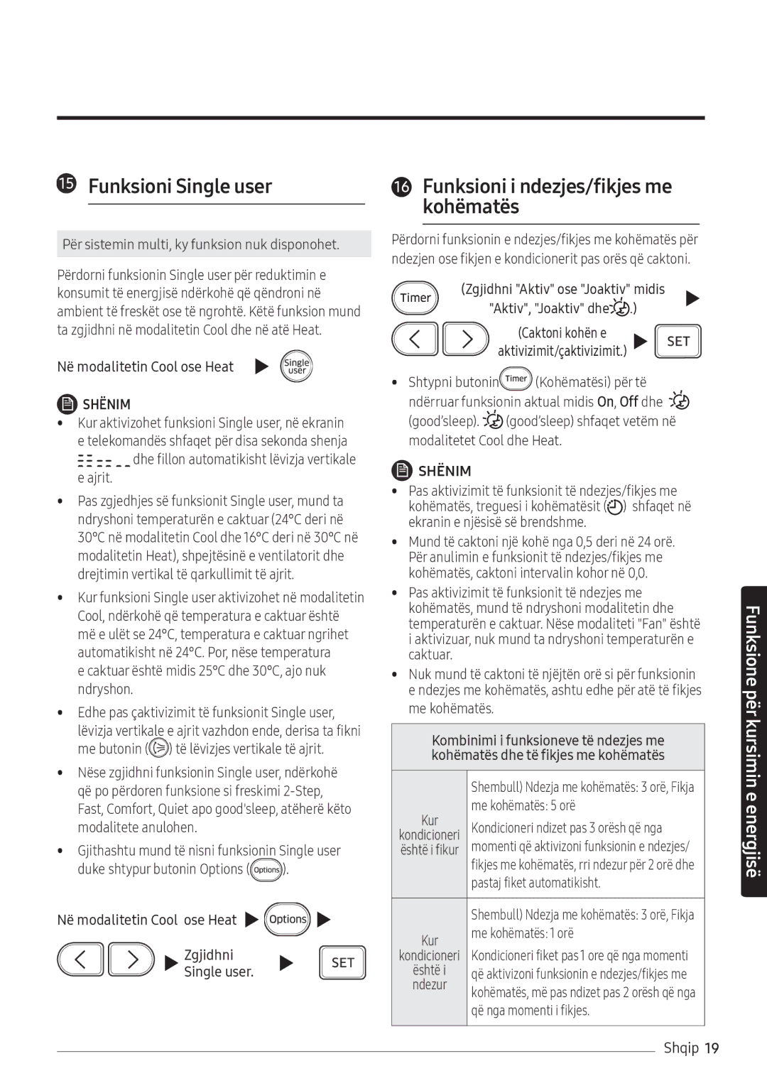 Samsung AR12NXFHBWKNEU, AR09NXFHBWKNEU manual Funksioni Single user, Funksioni i ndezjes/fikjes me kohëmatës 