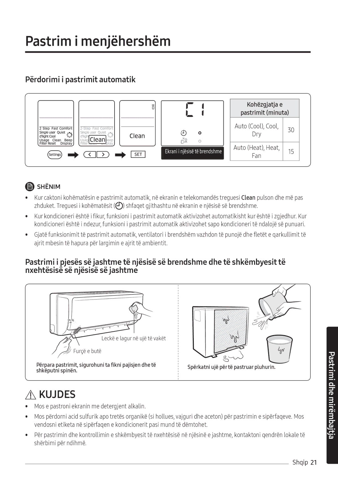 Samsung AR12NXFHBWKNEU, AR09NXFHBWKNEU manual Pastrim i menjëhershëm, Përdorimi i pastrimit automatik 