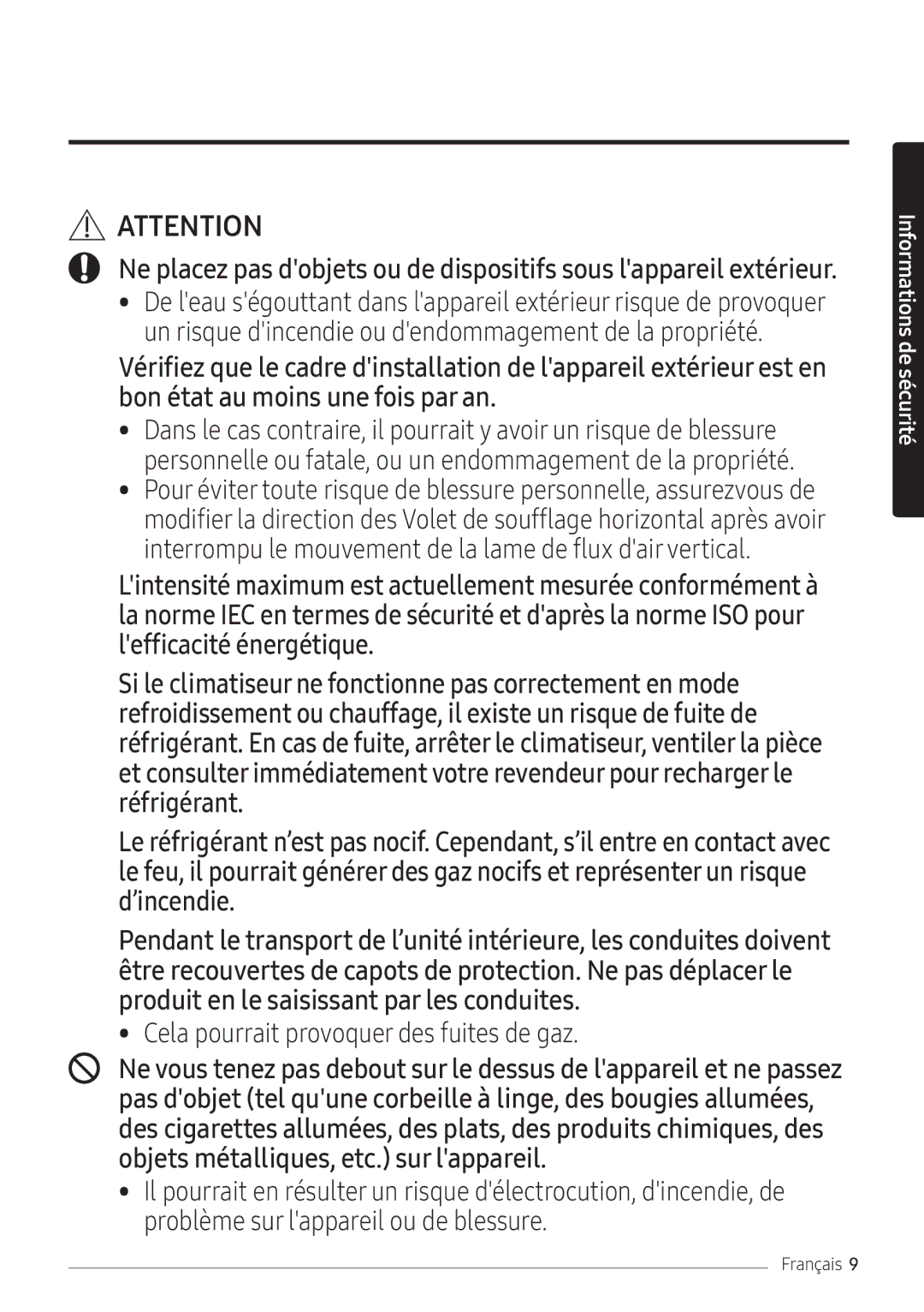 Samsung AR12NXFPEWQNEU, AR09NXFPEWQNEU, AR07NXFPEWQNEU manual Cela pourrait provoquer des fuites de gaz 