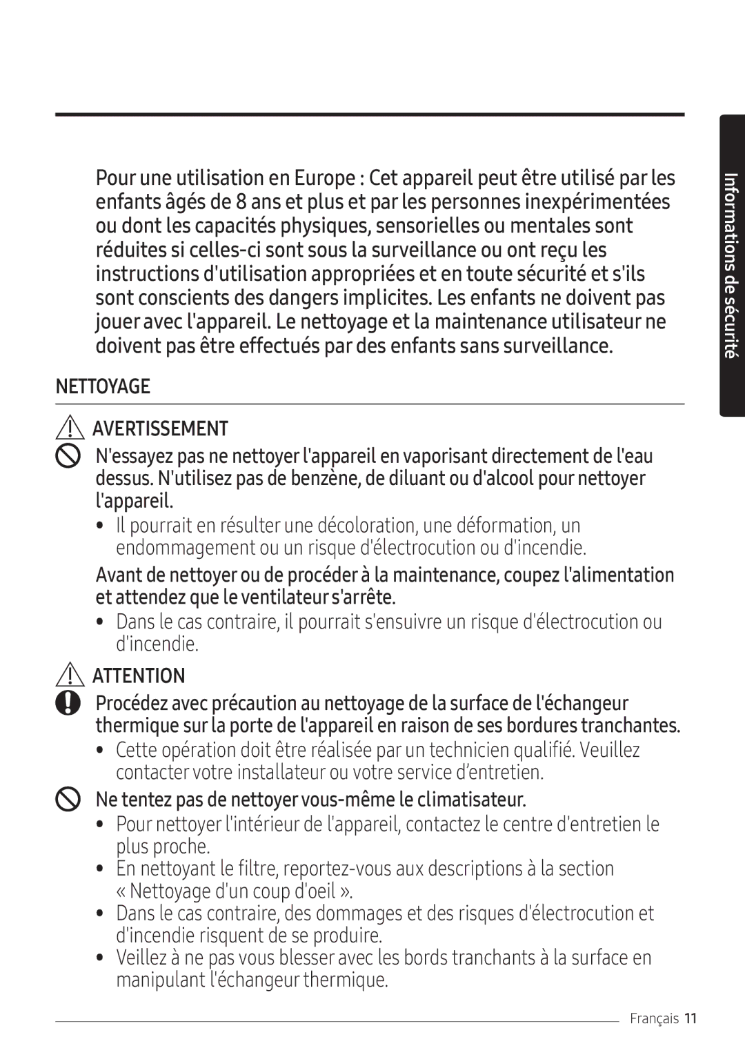 Samsung AR09NXFPEWQNEU, AR12NXFPEWQNEU, AR07NXFPEWQNEU manual Nettoyage Avertissement 