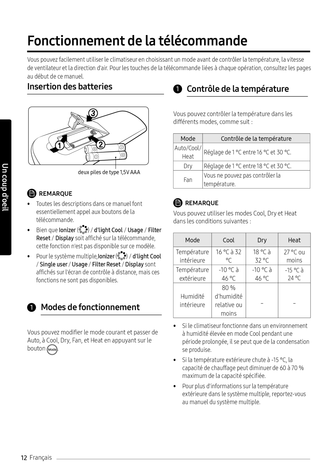 Samsung AR12NXFPEWQNEU manual Fonctionnement de la télécommande, Insertion des batteries Contrôle de la température 