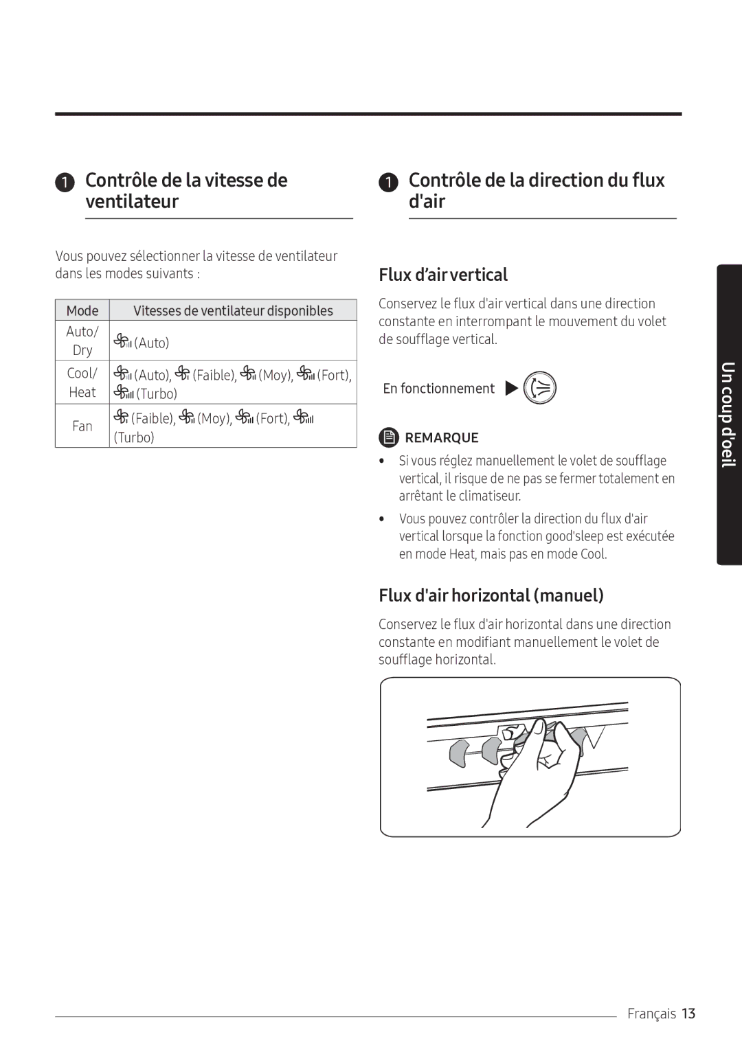 Samsung AR07NXFPEWQNEU, AR09NXFPEWQNEU manual Contrôle de la vitesse de ventilateur, Contrôle de la direction du flux dair 