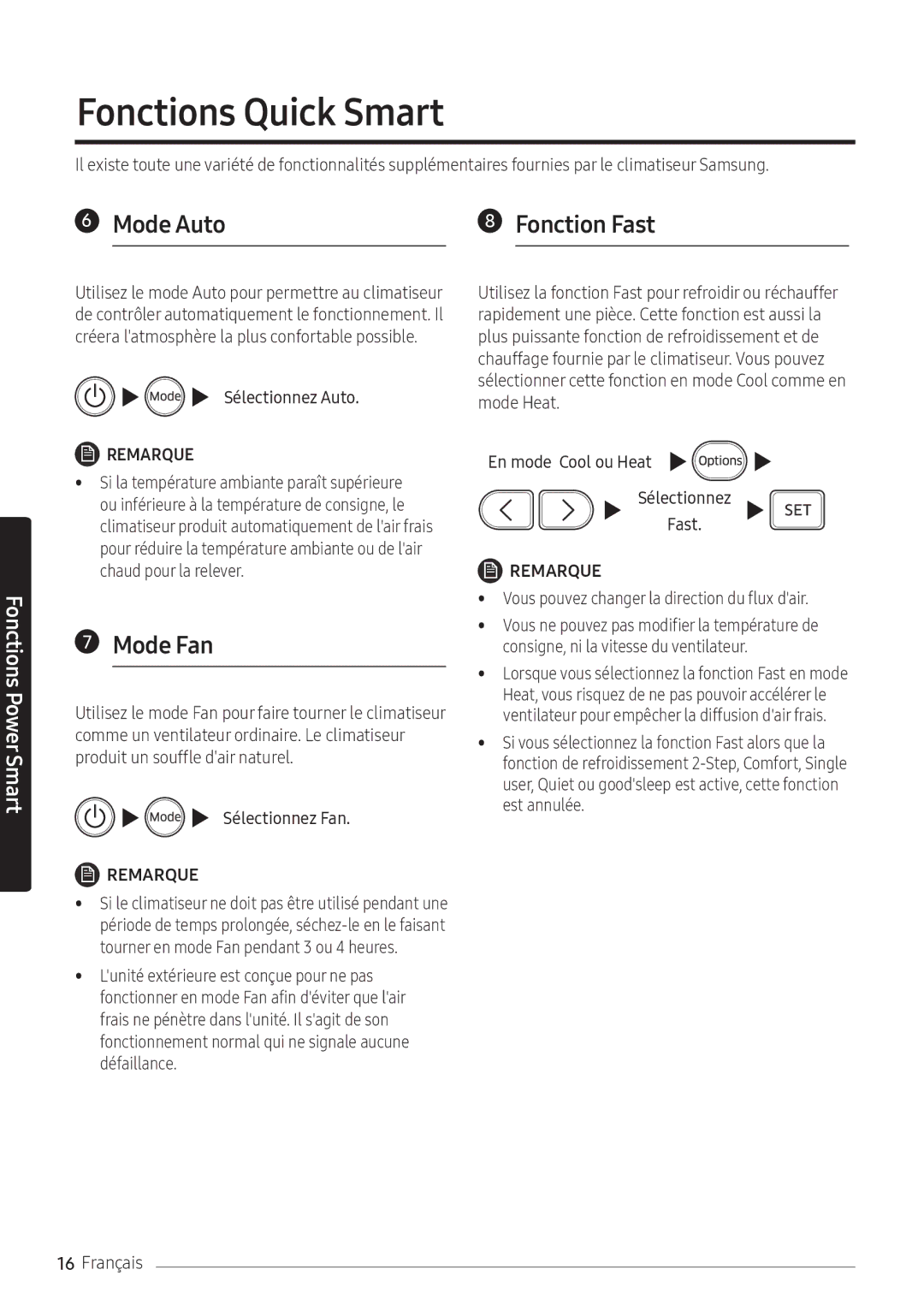 Samsung AR07NXFPEWQNEU Fonctions Quick Smart, Mode Fan, Sélectionnez Auto, Vous pouvez changer la direction du flux dair 