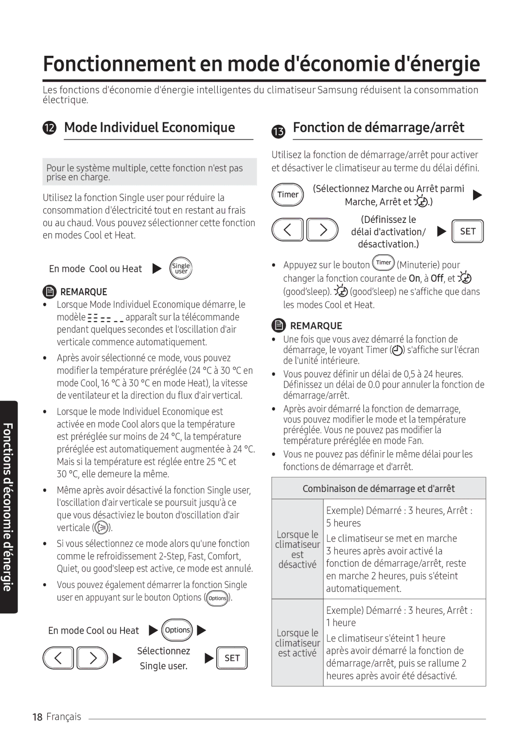 Samsung AR12NXFPEWQNEU, AR09NXFPEWQNEU, AR07NXFPEWQNEU manual Mode Individuel Economique, Fonction de démarrage/arrêt 