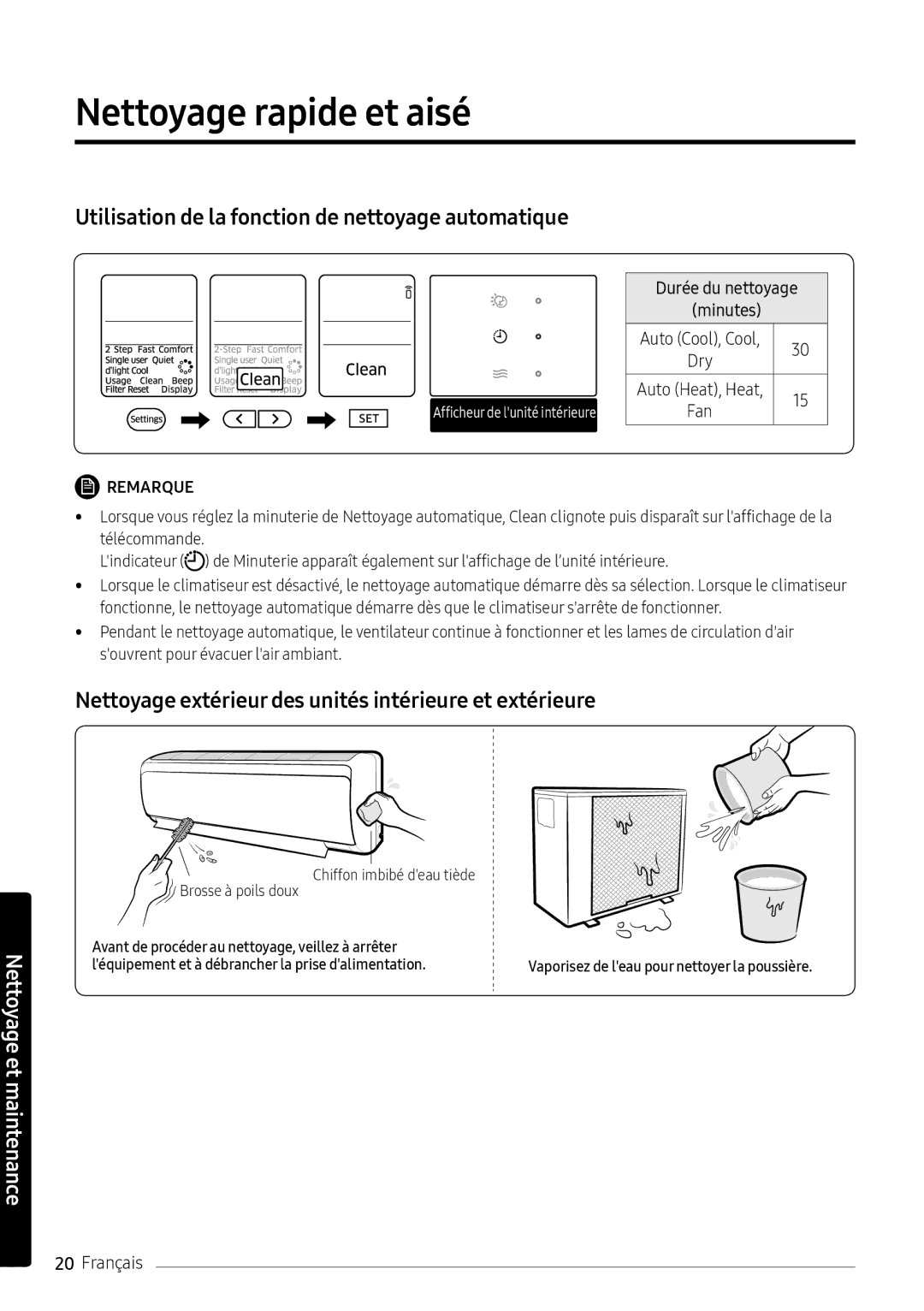 Samsung AR09NXFPEWQNEU, AR12NXFPEWQNEU, AR07NXFPEWQNEU manual Nettoyage rapide et aisé, Durée du nettoyage Minutes 