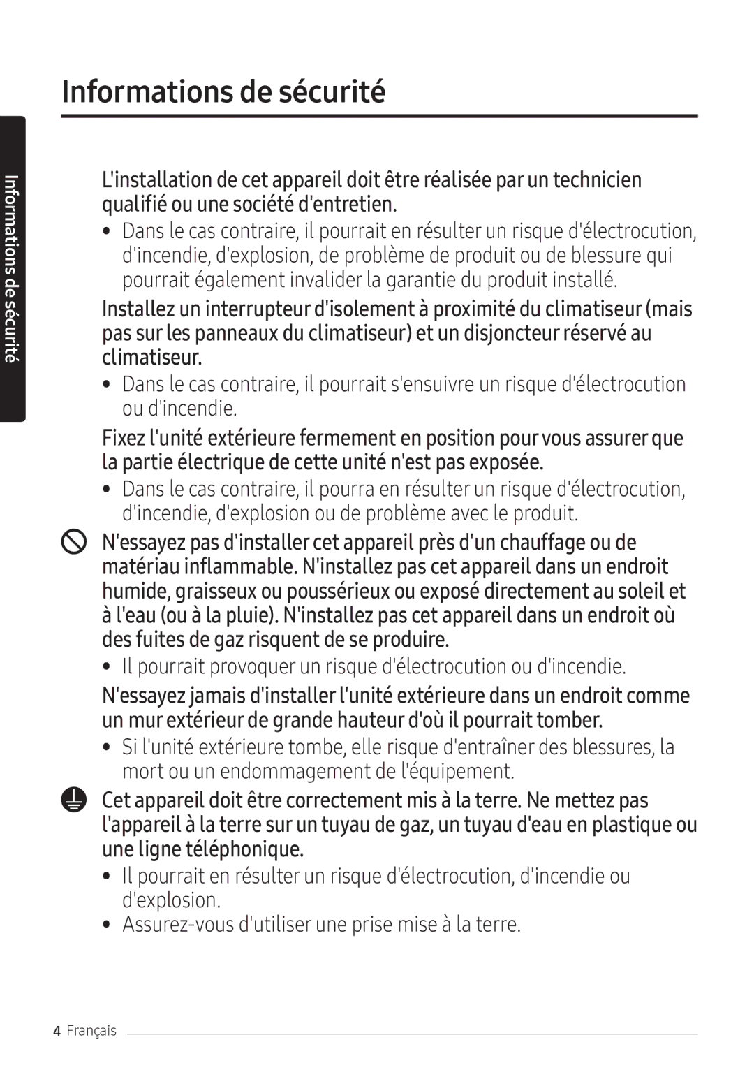 Samsung AR07NXFPEWQNEU, AR09NXFPEWQNEU, AR12NXFPEWQNEU manual Il pourrait provoquer un risque délectrocution ou dincendie 