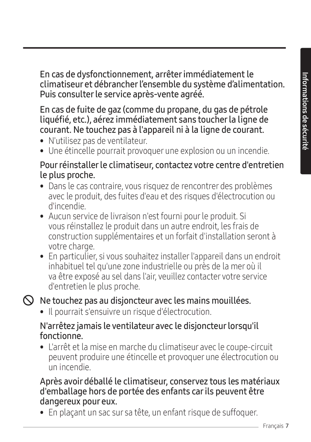 Samsung AR07NXFPEWQNEU, AR09NXFPEWQNEU, AR12NXFPEWQNEU manual Ne touchez pas au disjoncteur avec les mains mouillées 